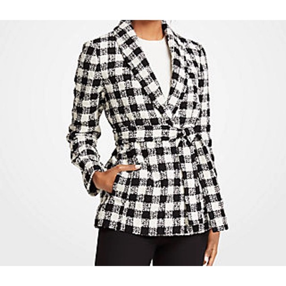 Ann Taylor Blazer Womens L Black White Check Belted Long Sleeve Jacket size L - Picture 1 of 9